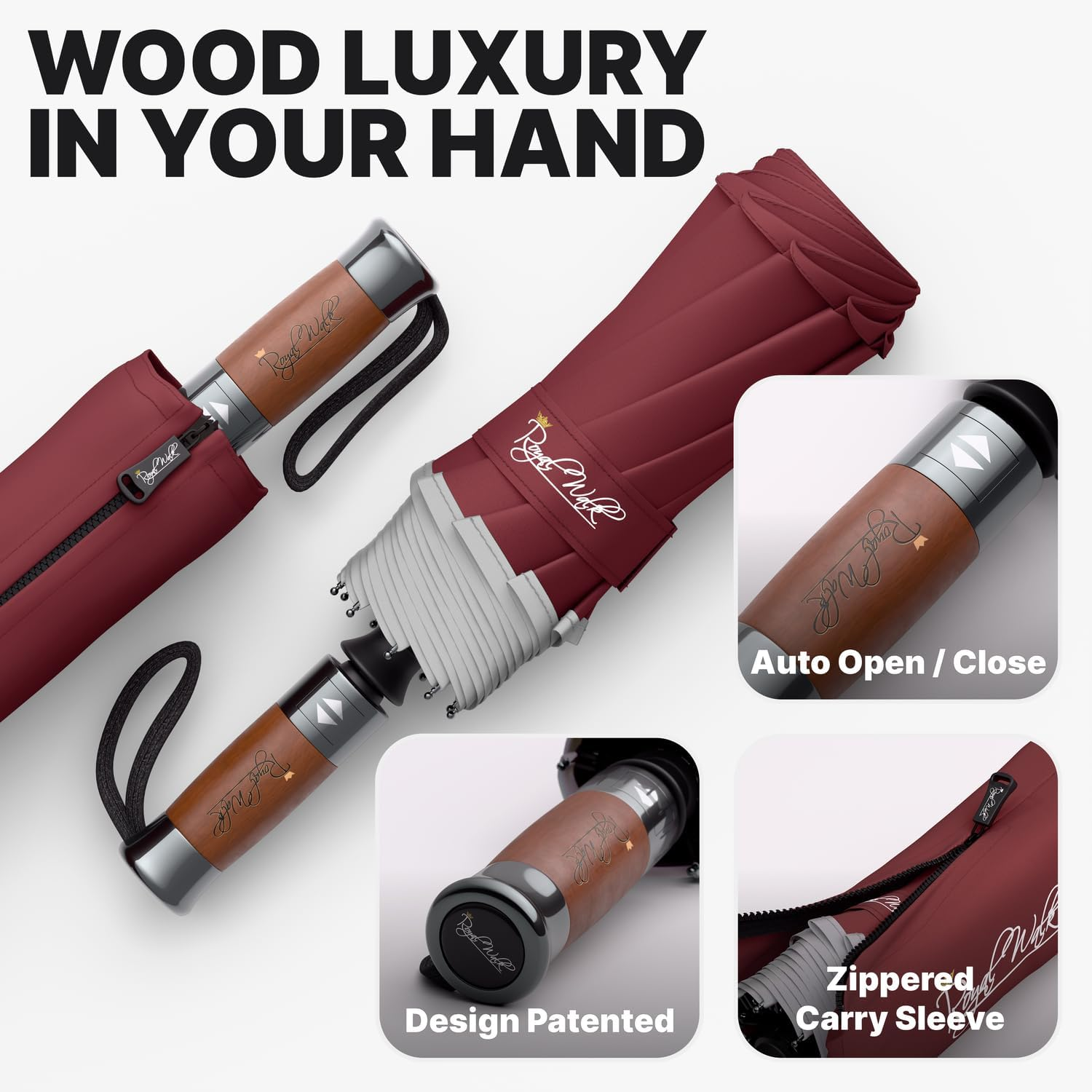 Royal Walk Windproof Folding Travel Umbrella Compact and Strong Luxurious Real Wood Handle Automatic Open Close Vented Double Canopy for Men and Women - Dark Red image number 2