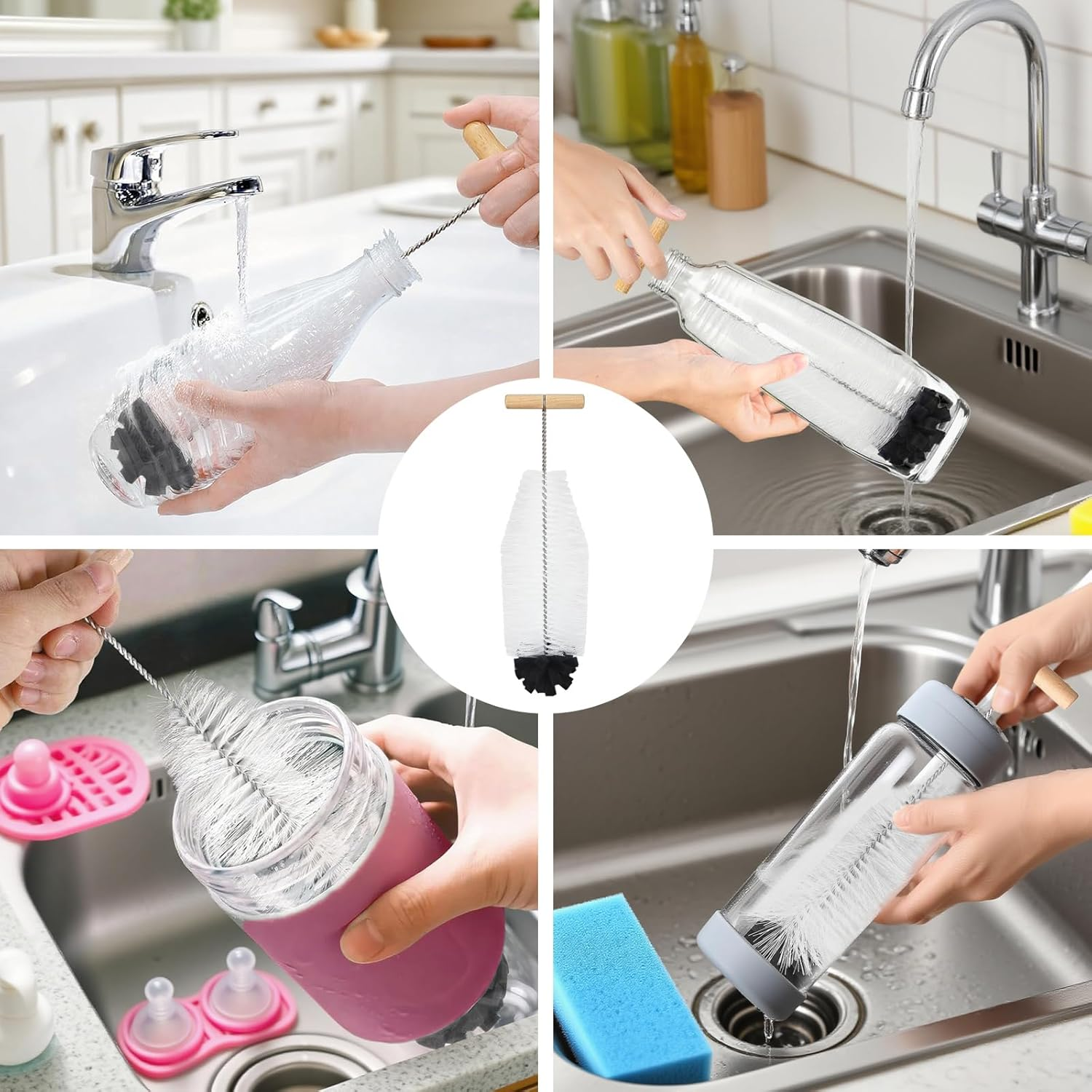 32 Cm Bottle Brush for Sodastream - Pack of 2 with Ergonomic Handle, White Bristles & Black Sponge - Ideal for Glass and Duo Plastic Bottles - Powerful Cleaning without Scratches image number 1