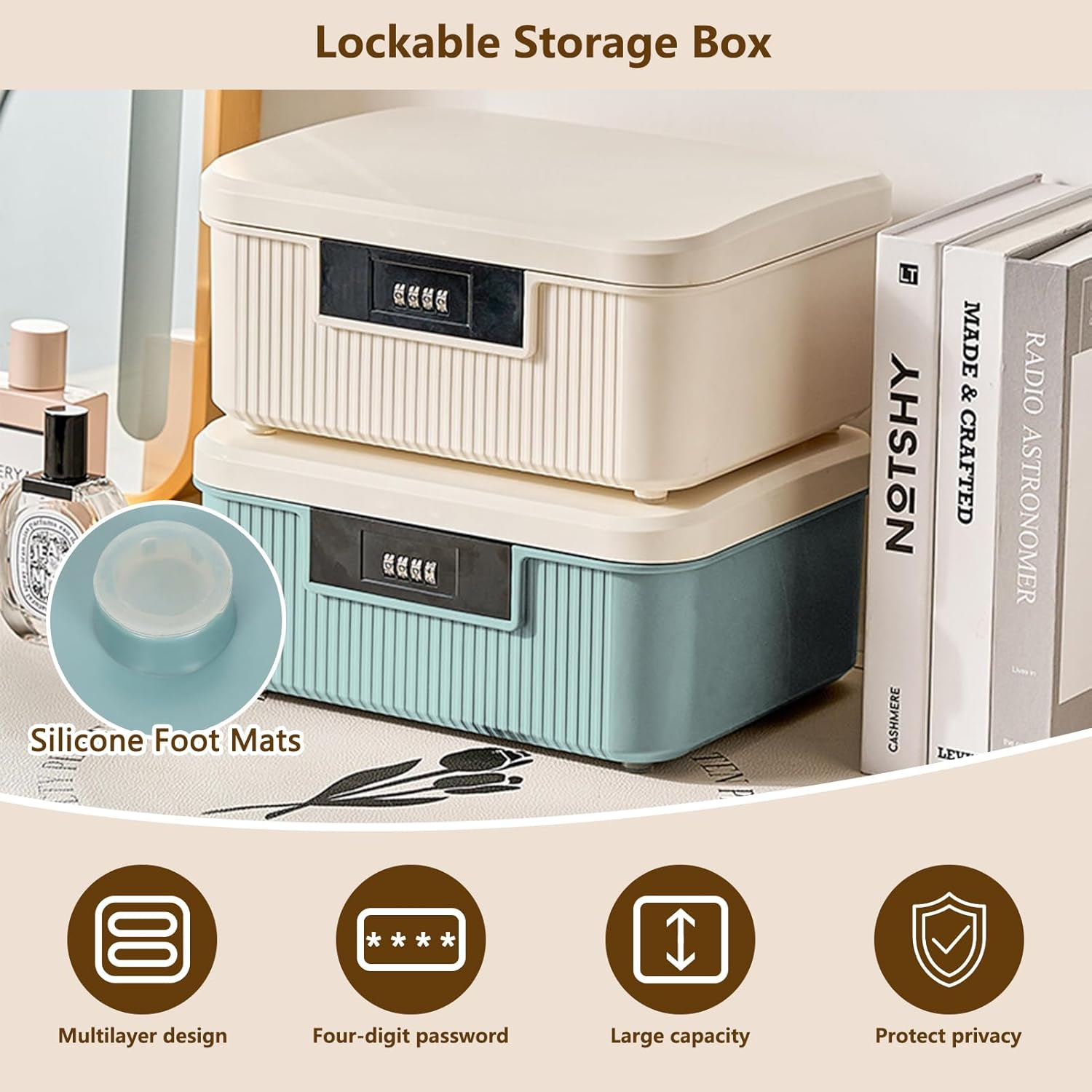 Lockable Storage Box, Double Layer Storage Lock Box for Files Organizer, Password Locking Storage Box, Lockable Storage Container for Home Office Kitchen Safety (White)