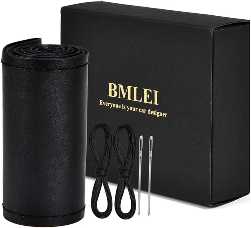 BMLEI Steering Wheel Cover Universal 15 Inch with Top Genuine Leather, Anti-Slip Design, Soft Padding, Stitch on Wrap