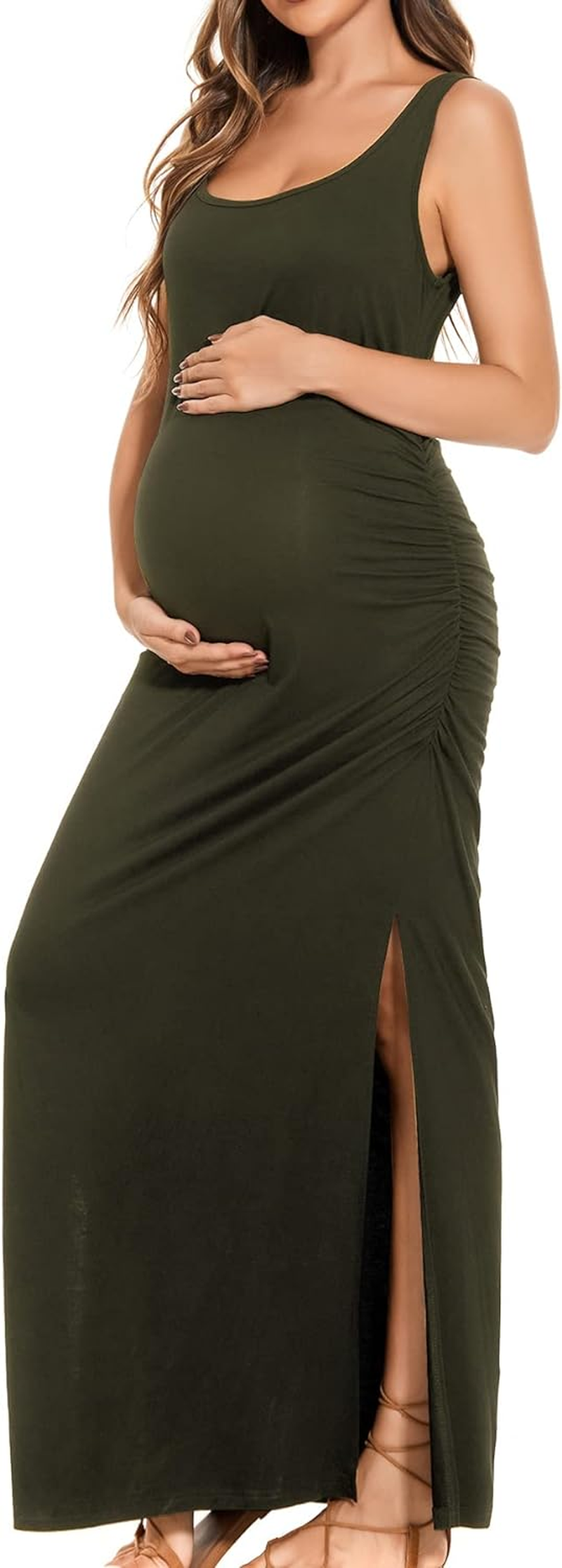Smallshow Women'S Split Long Maternity Dress Sleeveness Ruched Pregnancy Clothes