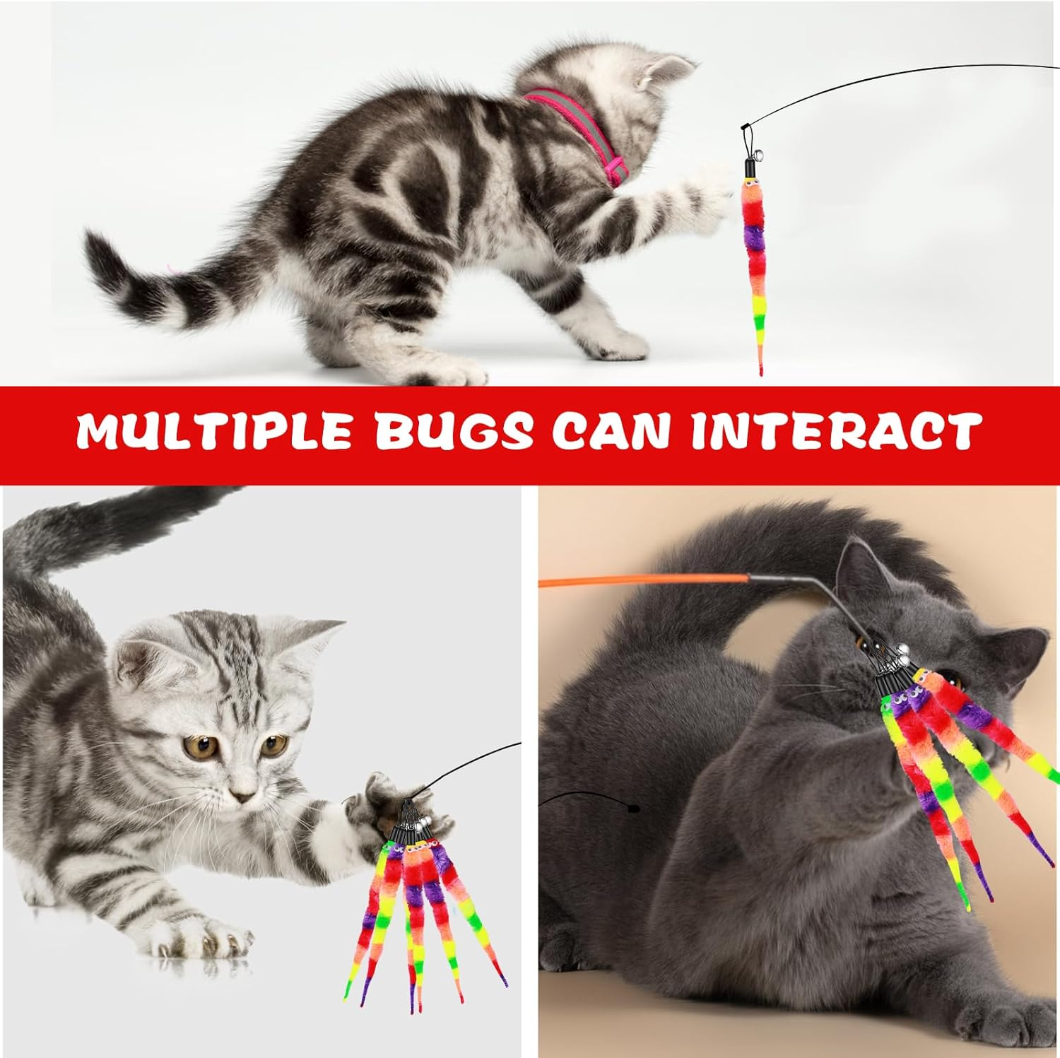 Amaxiu Rainbow Cat Wand Toy - 12Pcs Replacement Refills, Interactive Feather Toys with Bells for Indoor Cats and Kitten Training - Fluffy Worms Accessories image number 1