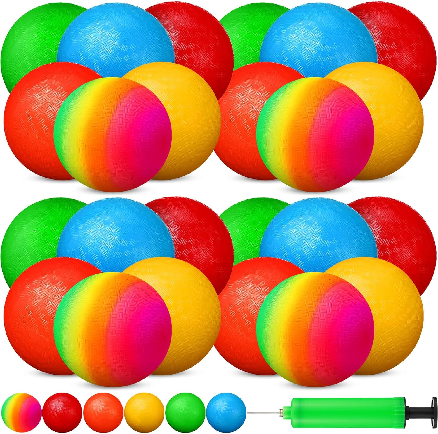 12 Pack Rainbow Playground Balls Kickballs Dodgeball 8.5 Inch Rainbow Kick Balls Inflatable Hand Ball Bouncy Balls Handball Dodge Ball with Hand Pump for Indoor Outdoor Schoolyard