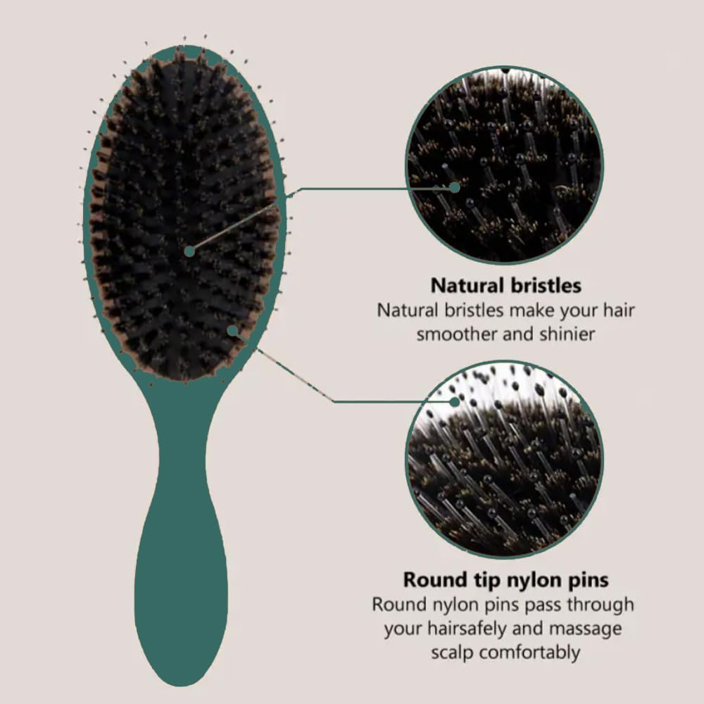 Hair Brush, Boar Bristle Detangling Brush for All Hair Types, Air Cushion Scalp Massage Pain-Free Styling Comb for Women Girls (Green)