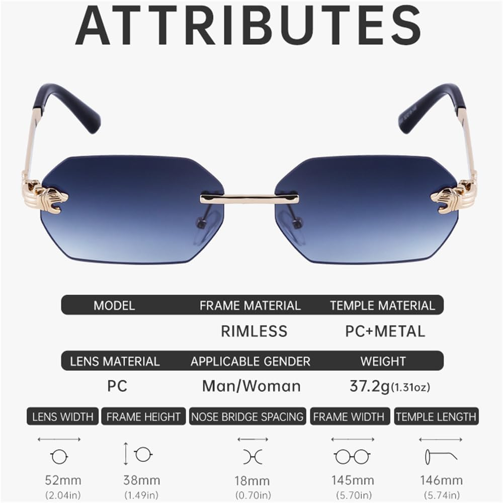 Small Rectangle Rimless Sunglasses Men Women Sun Glasses for Male Vintage Frameless Eyewear Shades UV400 - C1 Gold Black image number 5