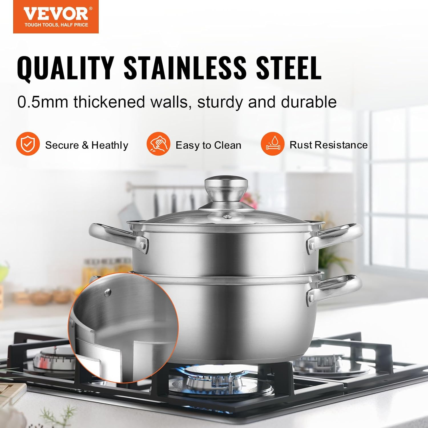 VEVOR Steamer Pot, 22Cm Steamer Pot for Cooking with 3QT Stock Pot and Vegetable Steamer, Large Capacity Stainless Steel Food Steamer Cookware with Lid for Gas Electric Induction Grill Stove image number 2