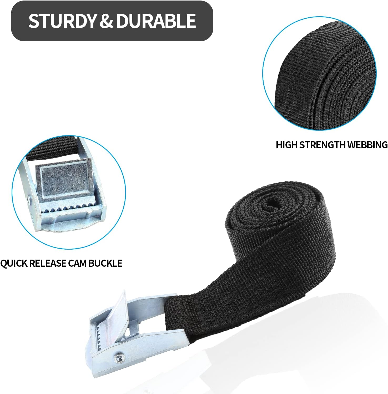 Uenhoy 4 Pack 3.28Ft (1M) Cam Buckle Tie down Straps Heavy Duty Lashing Straps Black Nylon Tie-Down Straps with Lock Buckle, up to 600Lbs, 3.28' X 1" image number 1