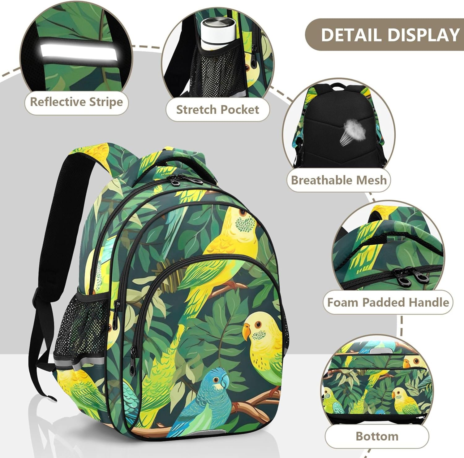 Joisal Green Yellow Parrots Leaves Kids Backpack Girls Boys Children School Bag Custom Lightweight Bookbag Toddler Daypack