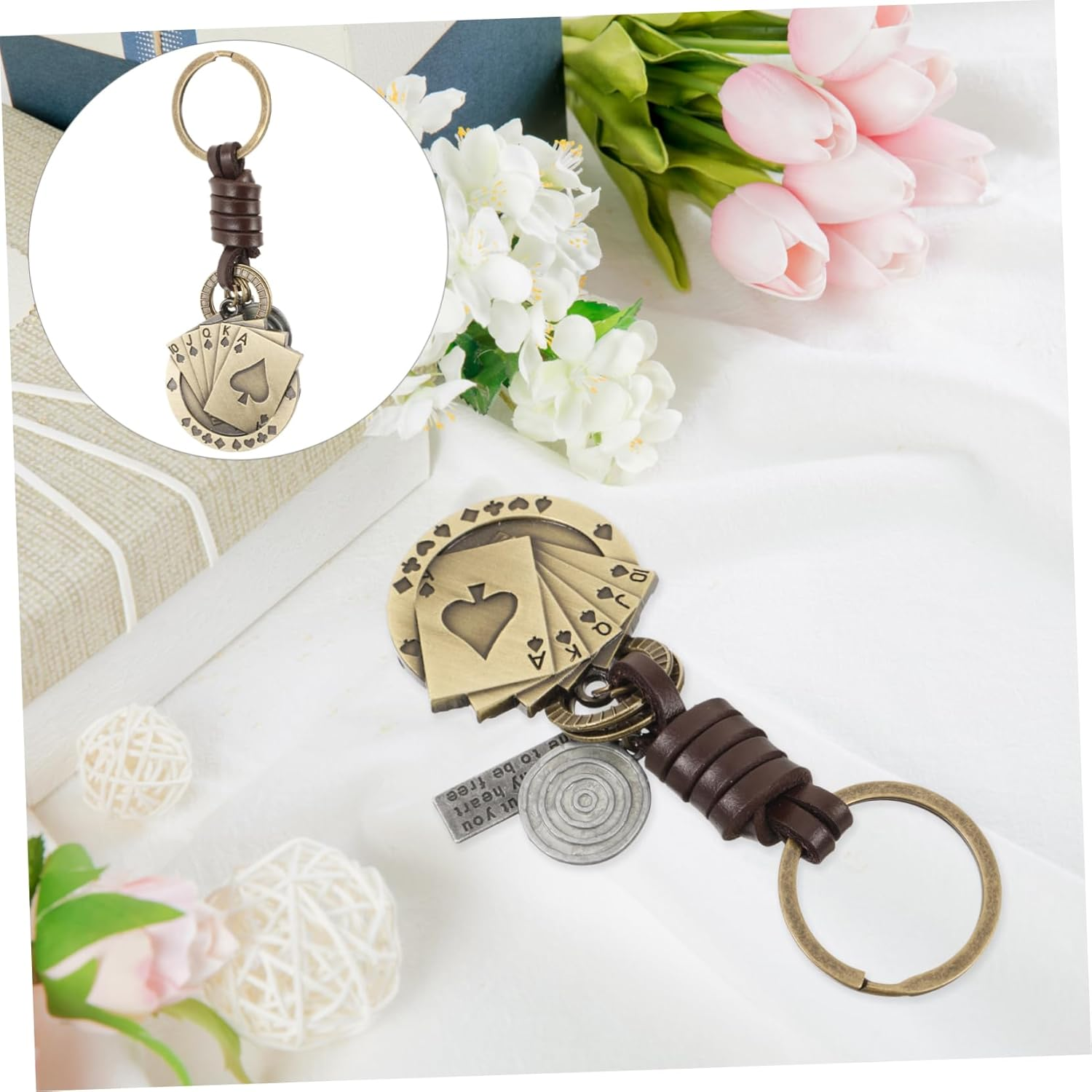 SAFIGLE Vintage Leather Poker Cards Keychain for Men, Small Handmade Woven Car Key Ring with Bag Hanging Decoration, Creative Retro Key Pendant Suitable for Adults and Backpack Accessories image number 2