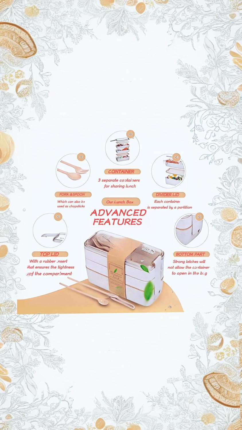 Honwor Leakproof Bento Box for Kids & Adults | 3-In-1 Meal Prep Container | Dishwasher Safe | Japanese Style | Beige | Easy Food Portioning & Storage image number 6