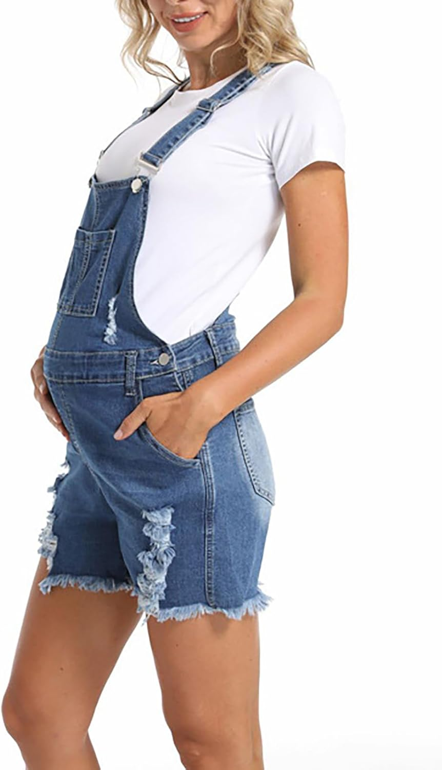 Maternity Denim Overall Shorts for Women Ripped Jean Bib Romper Shorts with Adjustable Straps image number 2