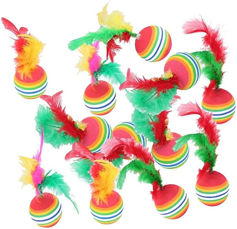 12Pcs Rainbow Cat Toy Balls Soft EVA Foam Interactive Toys with Feather Cat Toy,Cat Balls with Feather,Pet Cat Latex Foam Ball with Feather Toy for Dogs Cats Puppy Indoor Outdoor Playing Training image number 3