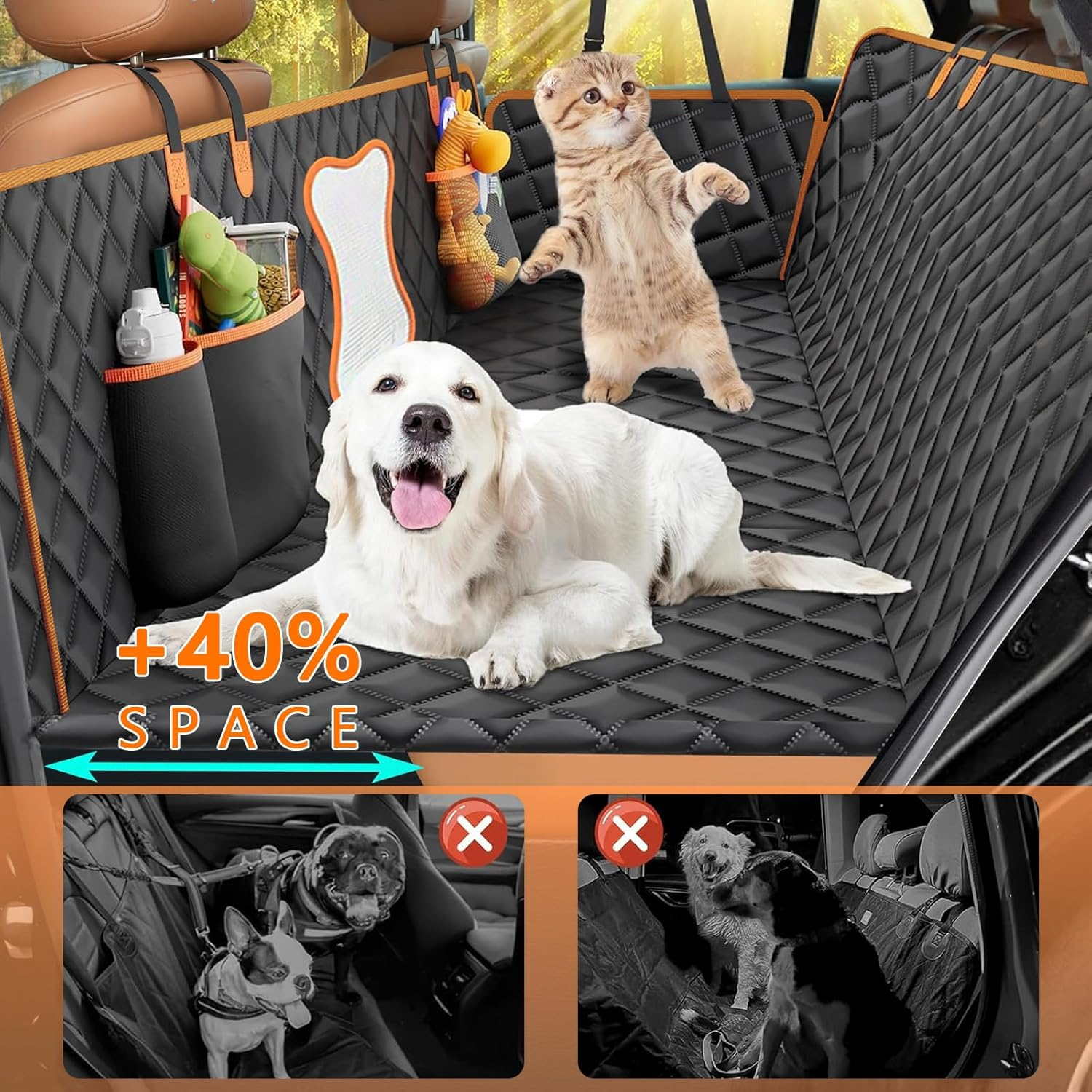 Dog Car Seat Cover &ndash; 100% Waterproof 600D Durable Pet Protector | Non-Slip Hammock Design for Car Rear Seat, SUV, Truck, Sedan, with Seatbelt & Side Flaps, Black