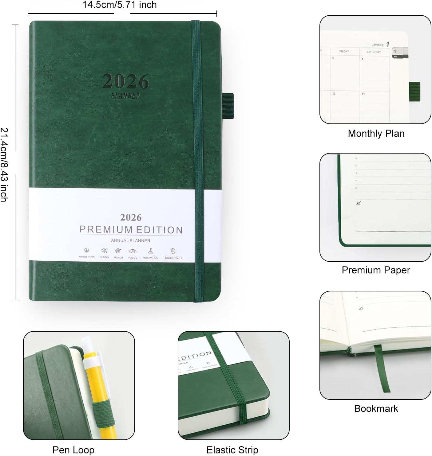2026 Diary A5 Week to View, Academic Diary Page a Day, Academic Planner for Business, Writing and Note Taking(Dark Green) image number 4
