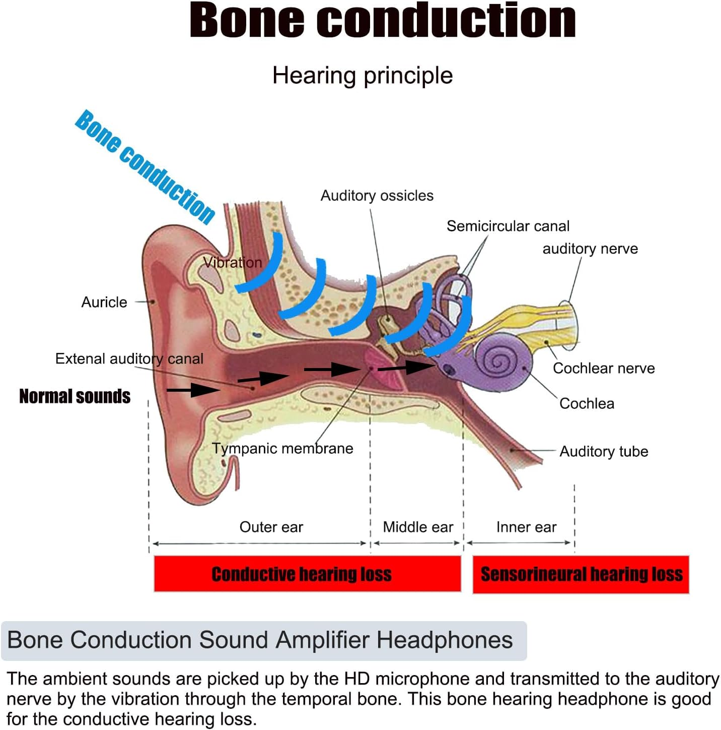 FANSAISI Bone Conduction Hearing Headphones, Bluetooth Open Ear Listening Headsets Earphones with Sound Collector for Conversations, 15H Long Working Time for Daily Use image number 5