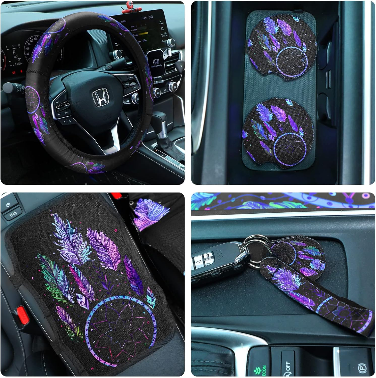 Tallew 10 Pcs Dream Design Car Seat Covers Full Set, Front Cover, Steering Wheel Belt Pads, Center Console Armrest Cup Holder Coasters, Keychain, Key Ring for Truck SUV image number 5