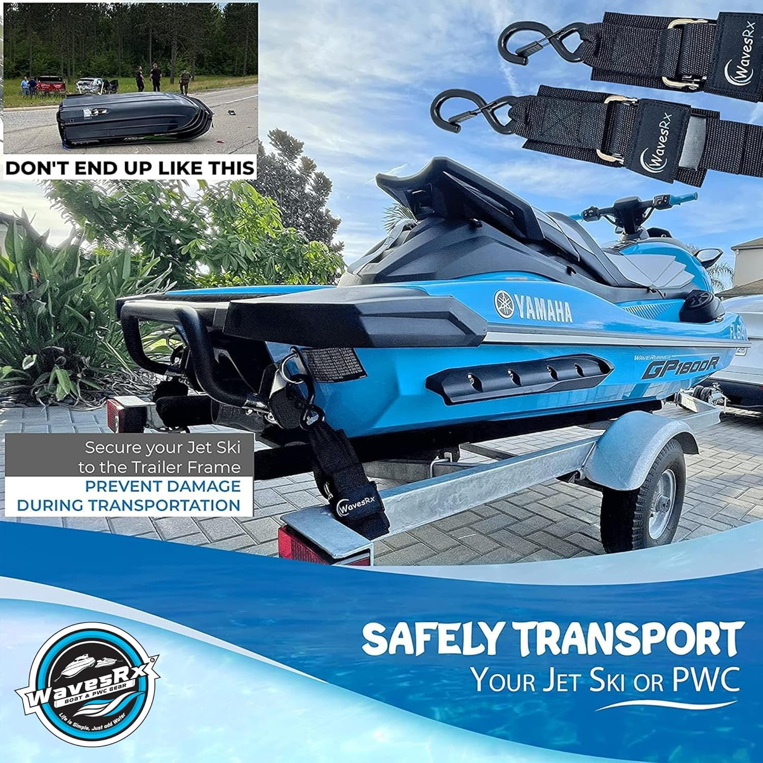 Wavesrx Marine Boat Trailer Transom Tie-Down (2 Pack) | Adjustable 2"X48" Safety Straps | 1200 LBS Capacity to Securely Transport Boats, Jet Skis and Other PWC image number 2