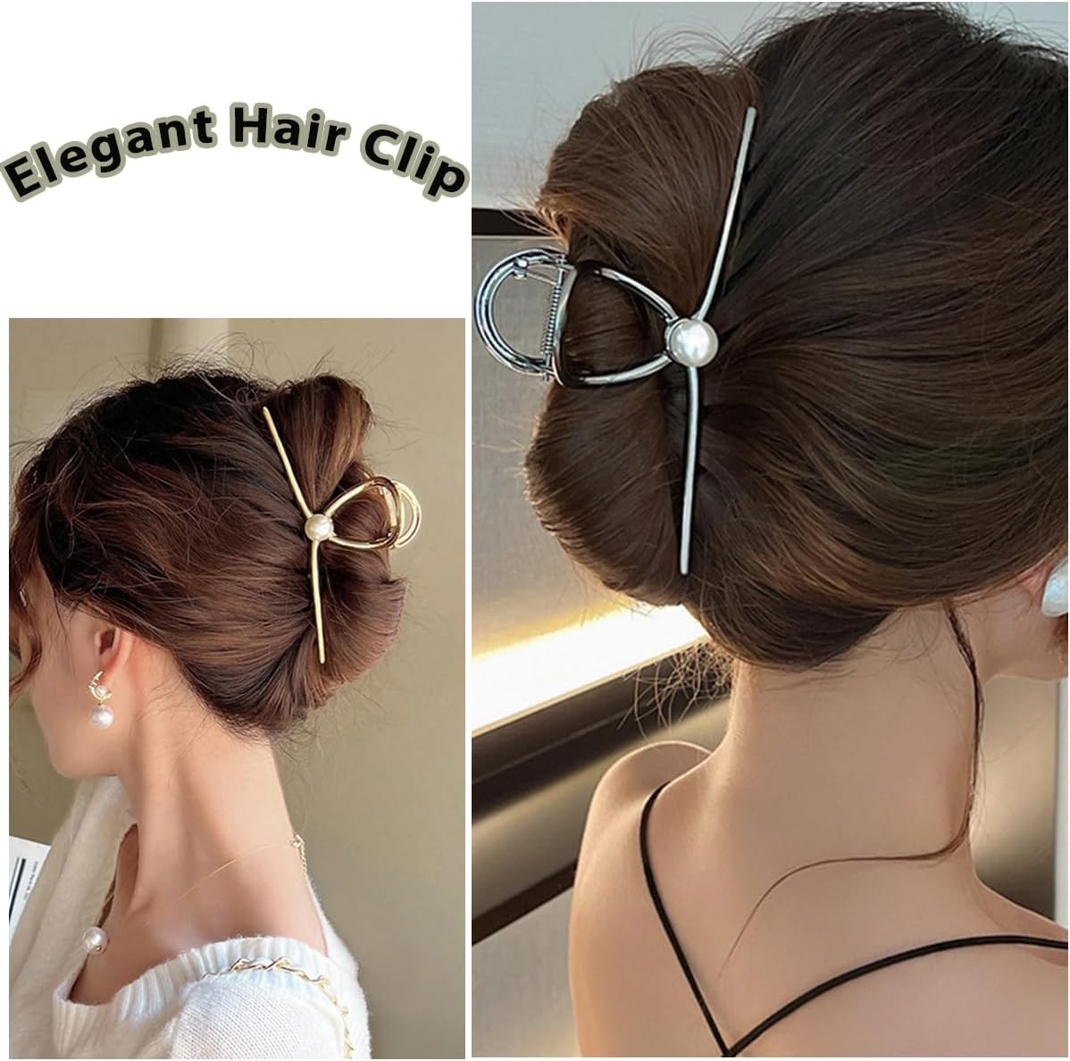 Large Pearls Shark Barrette Metal Hair Claws with Non-Slip Strong Hold for Women and Girls (Gold + Silver) image number 2