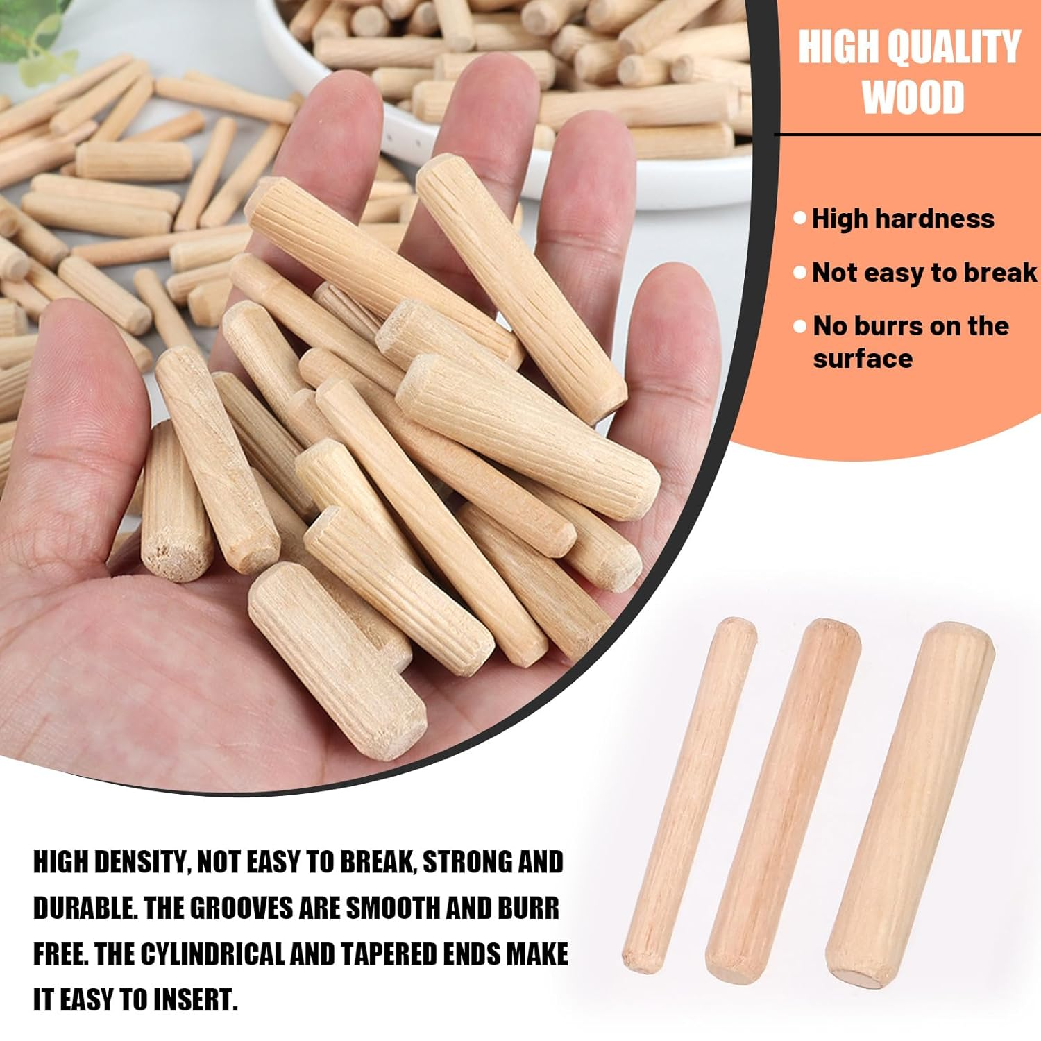 Tanstic 200Pcs 9 Sizes Wooden Dowel Pins, 6Mm 8Mm 10Mm Wood Beveled Ends Tapered Pins, Straight Groove Wooden Dowel Pins for Furniture Door Art Crafts Projects image number 4