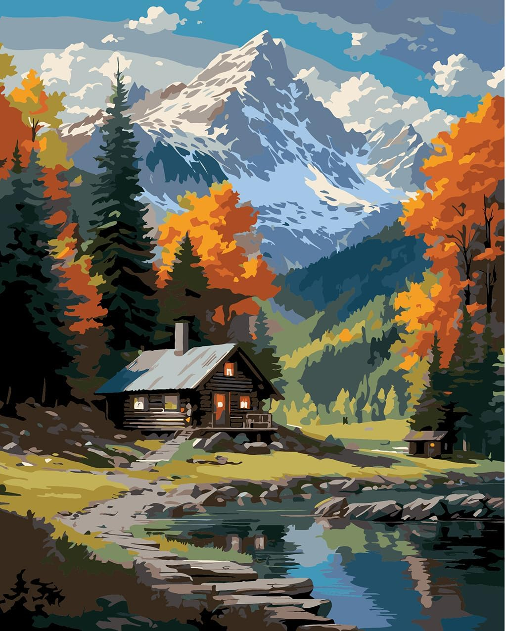 Paint by Number for Adults. a Cabin in the Woods Paint by Numbers for Adults Beginner Drawing Paintwork with 3 Paintbrushes Paint Canvas Oil Painting 16&rdquo; X 20&rdquo; image number 3