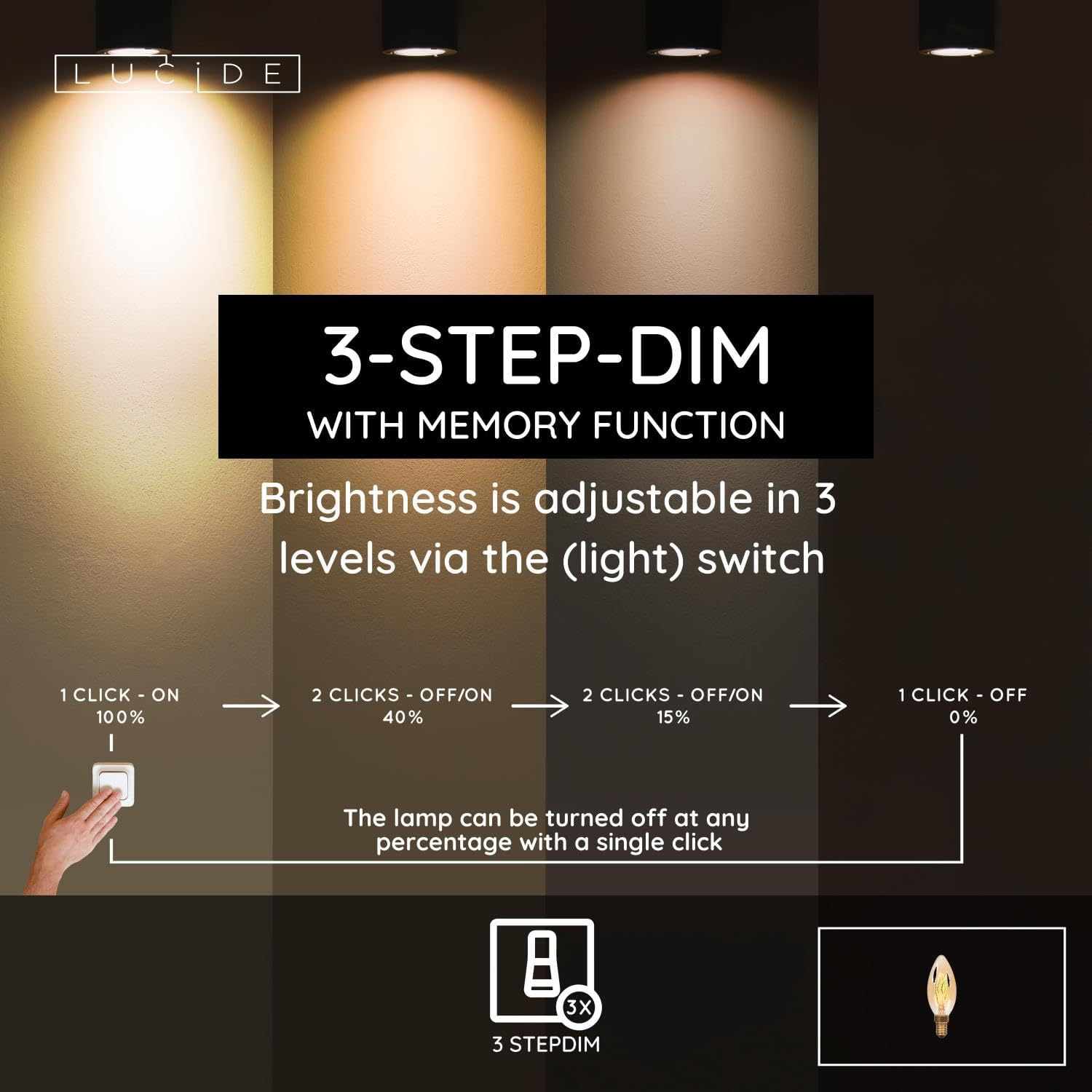 LUCIDE C35 - Filament Lamp - Diameter 3.5 Cm - LED 3 Stepdim (Memory) - E14-1X3W 2200K - Amber image number 1