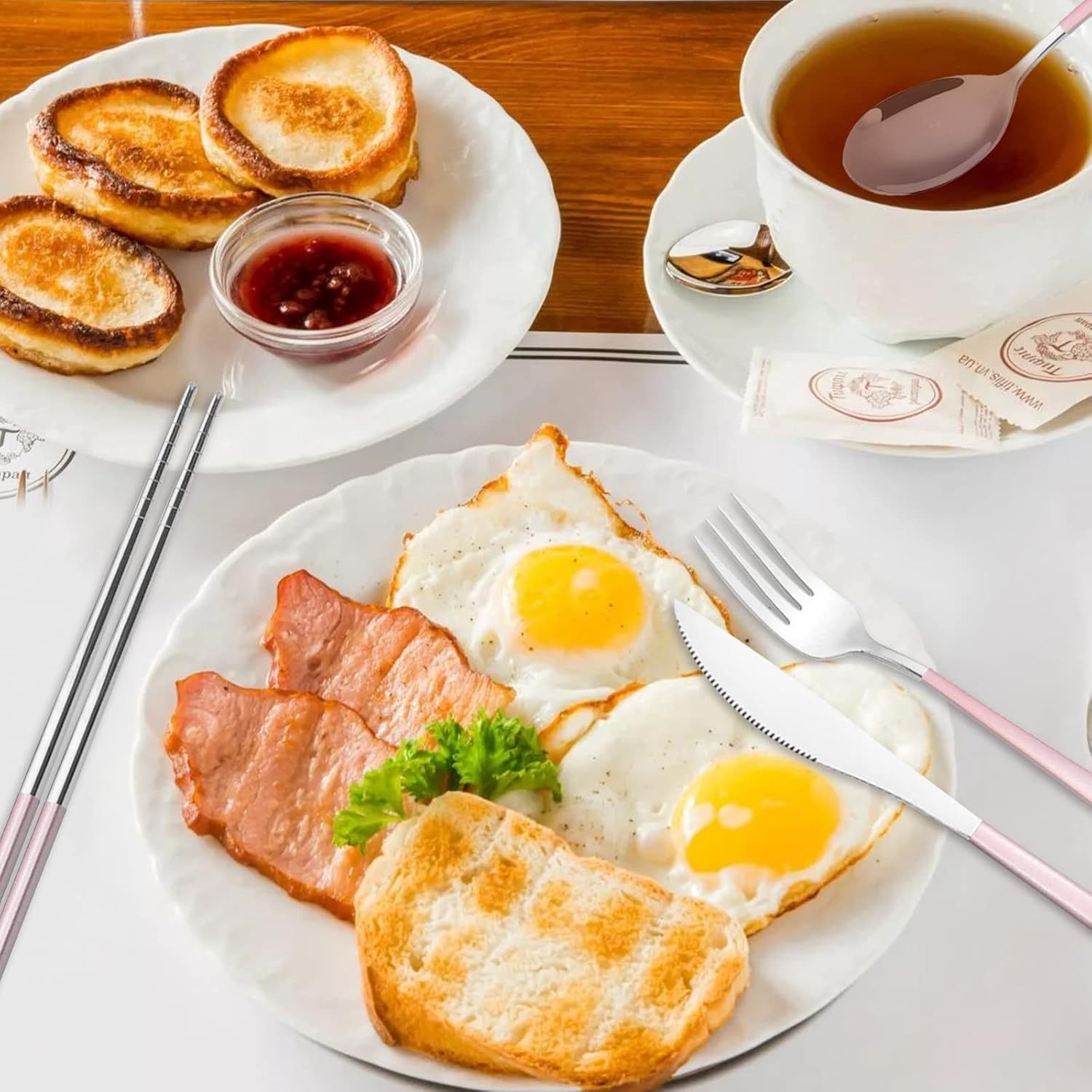 Portable Stainless Steel Cutlery, KUAOOAUK Reusable Travel Utensils, Portable Chopsticks Knife Spoons Forks Set, Travel Cutlery Set with Case for Adults Picnic Camping Daily Use (Pink)