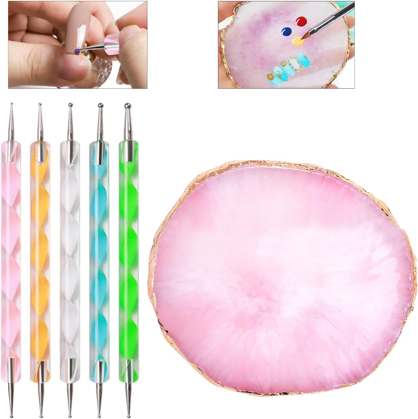 Homtop Nail Art Tools 22-Piece Set, Resin Nail Art Palette, 2-Way Acrylic Silicone Engraving Pen Dotting Pen Tools Nail Art Kit for Nail Art DIY Home Salon Makeup Display Board, Pink image number 3