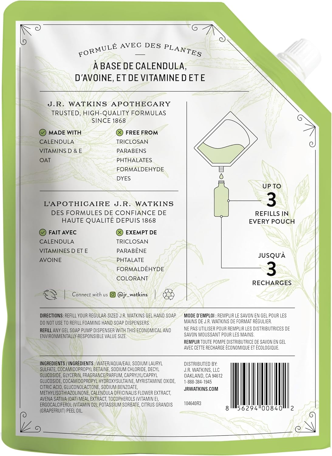 J.R. Watkins Hand Soap Refillsavon, Aloe & Green Tea 34 Fl Oz, Pack of 1 image number 4