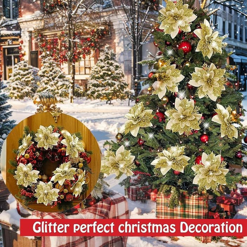 Christmas Tree Decorations,10Pcs 14Cm / 5.5In Gold Poinsettia Artificial Christmas Flowers with Clips and Stems Glitter Christmas Tree Ornaments for Xmas Wedding Party Wreath Decorate image number 5