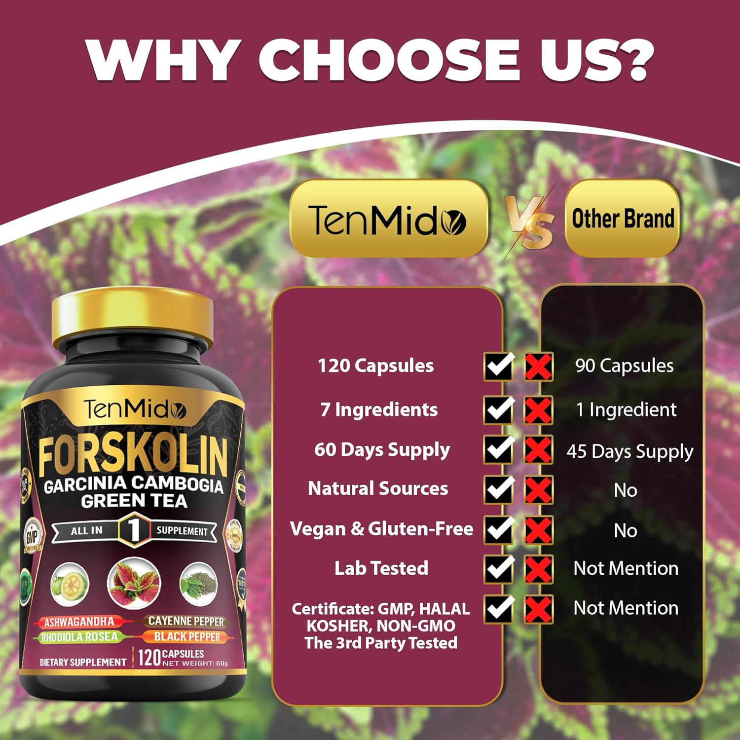 Forskolin Supplement with Garcinia Cambogia, Green Tea, Ashwagandha, Rhodiola, Cayenne & Black Pepper - 120 Non-Gmo, Vegan Capsules image number 1