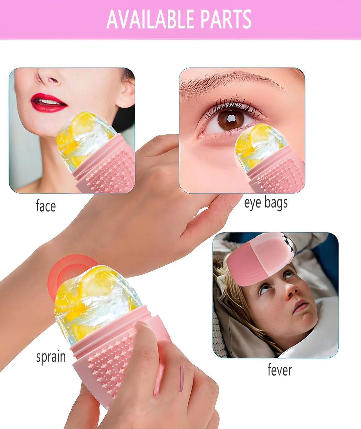 Ice Roller Massager for Face and Neck, Reusable Silicone Ice Mould & Cleansing Brush, Pink Beauty Tool for Contour, Skin Care and Face Massage image number 3