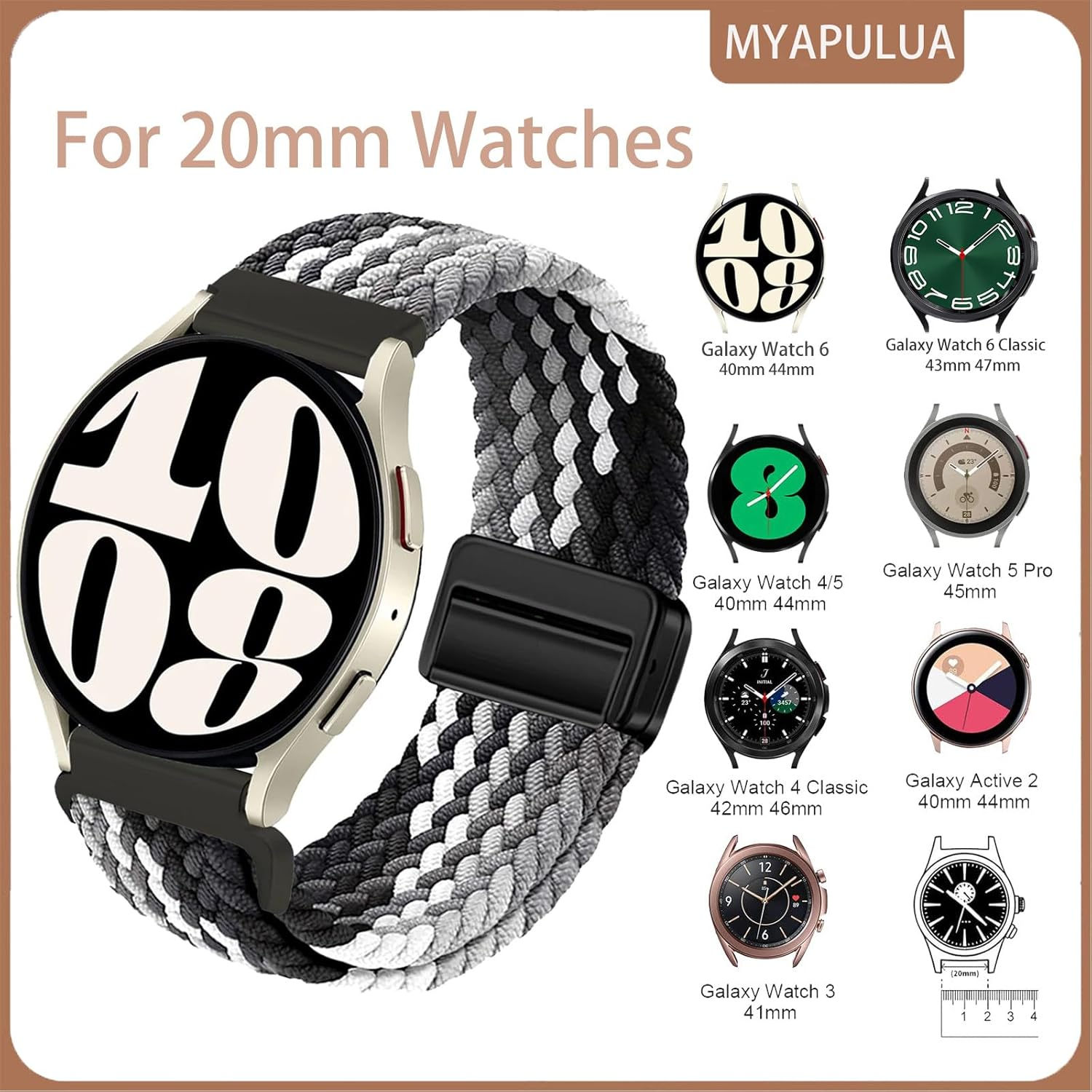 2 Park 20Mm Braided Magnetic Bands for Samsung Galaxy Watch 7/FE/6/5/4 Band 40Mm 44Mm/Galaxy Watch 6 Classic Bands 47Mm 43Mm/Watch 4 46Mm 42Mm Women/Men,Stretchy Nylon Sport Strap for Samsung Watch 5 Pro 45Mm/3 41Mm/Active 2 - 06-Black/Gray image number 2