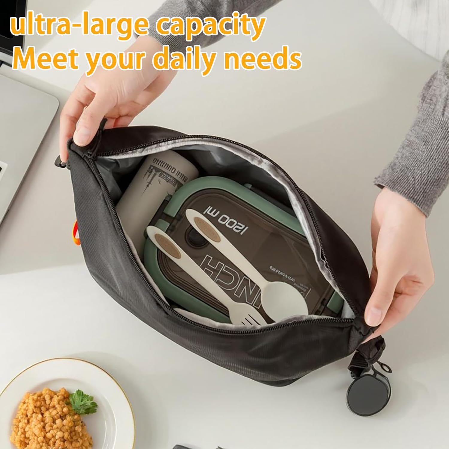 Insulated Lunch Bag for Men & Women, Waterproof Oxford Fabric with Long-Lasting Thermal Protection - Lunch Bag Reusable Cooler Bag for Work, School, Picnic, Travel (Black) image number 4