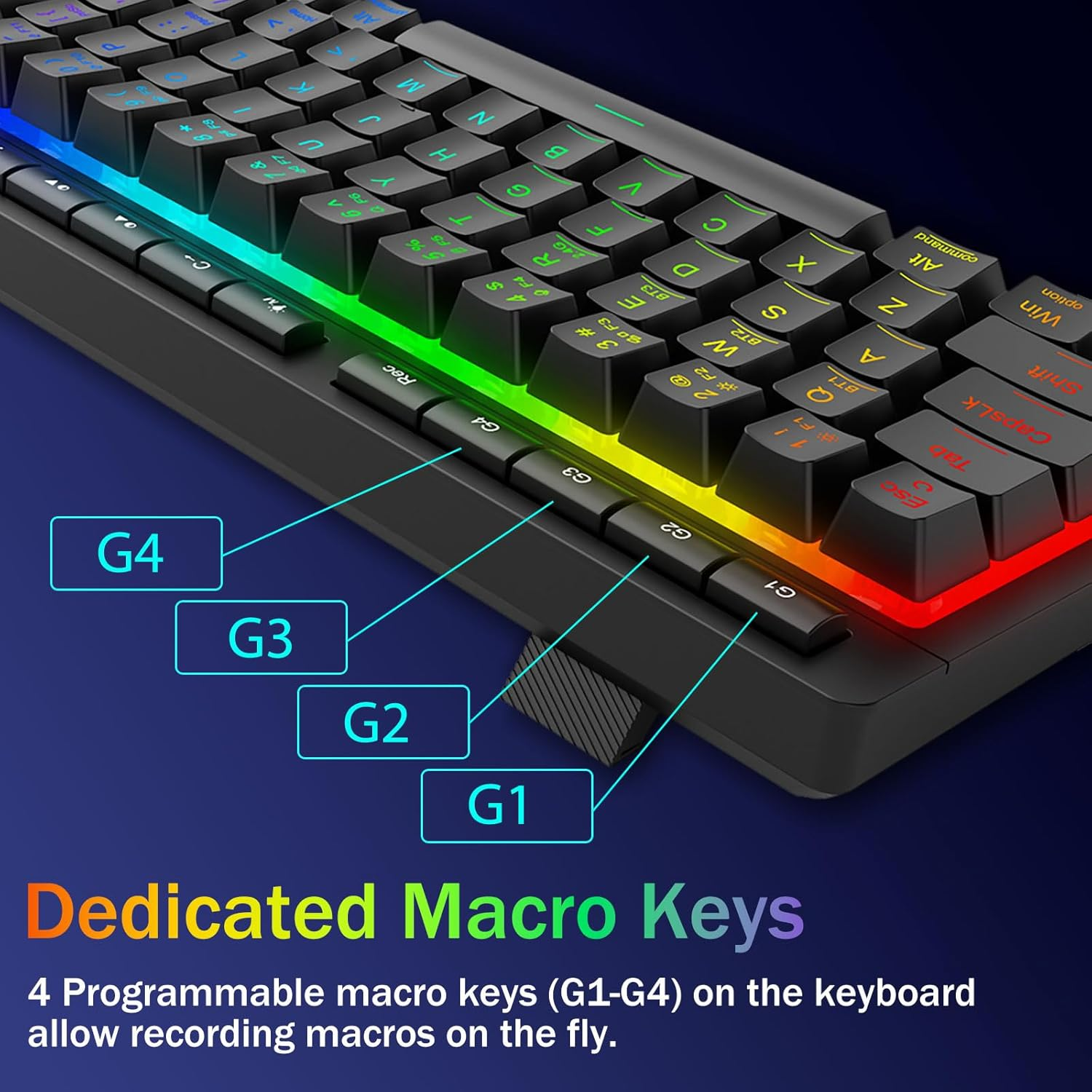 Redragon Portable Wireless Gaming Keyboard, Extra On-Board Macro Keys, Bluetooth/2.4Ghz/Usb-C, RGB Backlit, Anti-Ghosting, Rechargeable, Software Support, 60% Quiet Membrane Keyboard image number 1