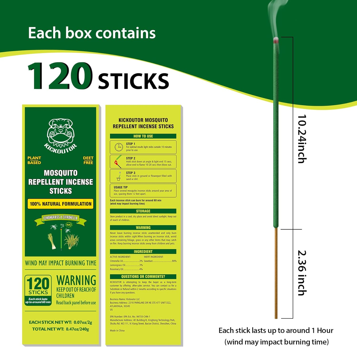 KICKOUTOR Mosquito Repellent Outdoor Patio 120 PCS Citronella Oil Mosquito Incense Sticks Natural Organic Mosquito Barrier Mosquito Repeller for Backyard Travel Camping Indoors Gnat Mosquito Control