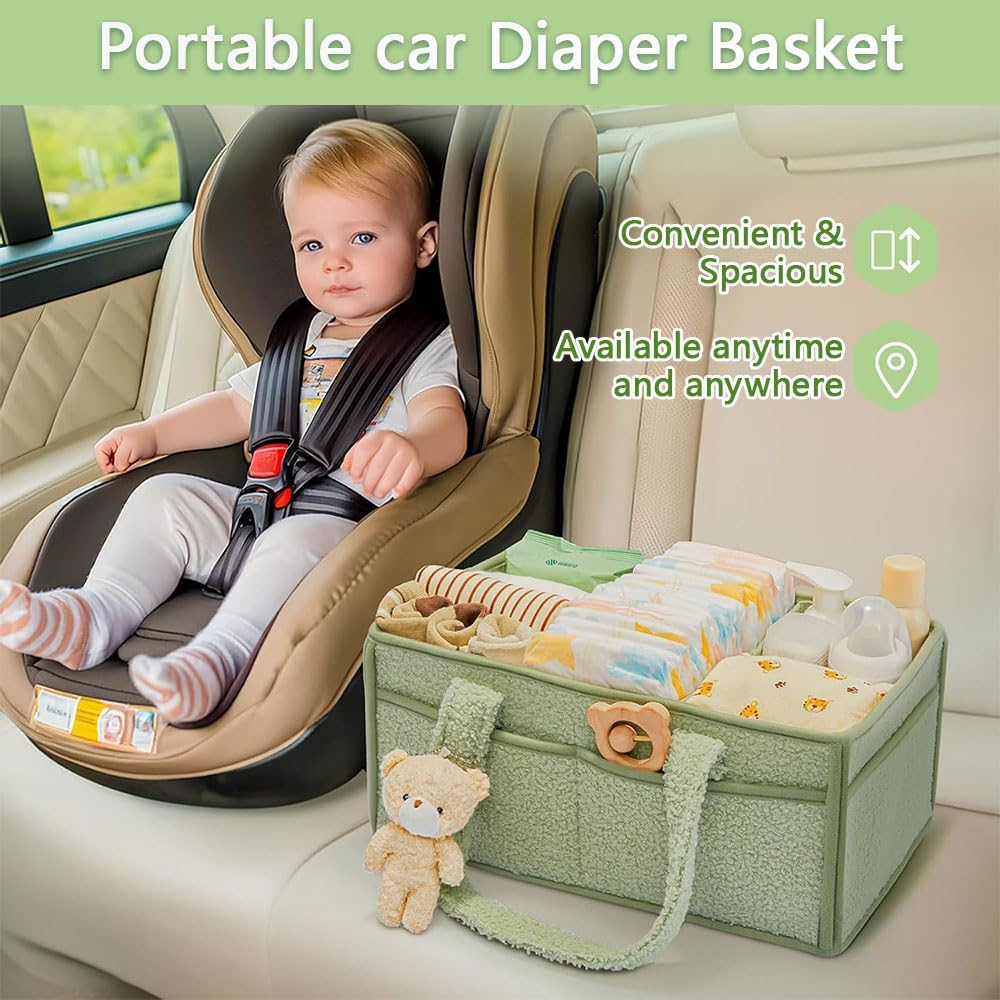 Baby Diaper Caddy Organizer with Handle, Portable Large Nursery Storage Basket with Pocket for Diapers, Wipes, Changing Table, Car & Travel &ndash; Gender Neutral Baby Storage Tote, Green
