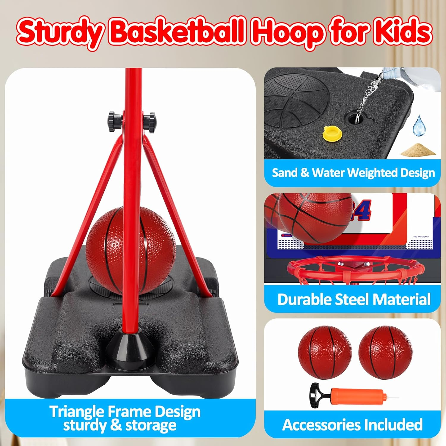 Basketball Hoop Indoor Outdoor for Children Height Adjustable 107 Cm - 189 Cm, Basketball Basket Set Toy with Ball Pump, Sports Toy Gift for Boys Girls from 3 4 5 6 7 8 Years image number 4