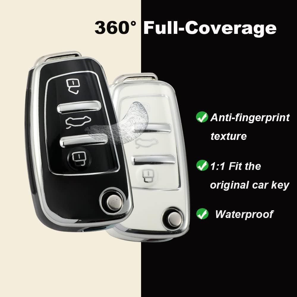 HIBEYO Key Fob Cover Compatible with Audi A1 A3 A6 Q2 Q3 Q7 TT TTS R8 S3 S6 RS3 Car Accessories TPU Silver-Edge Key Holder - Leather Keychain Black image number 4