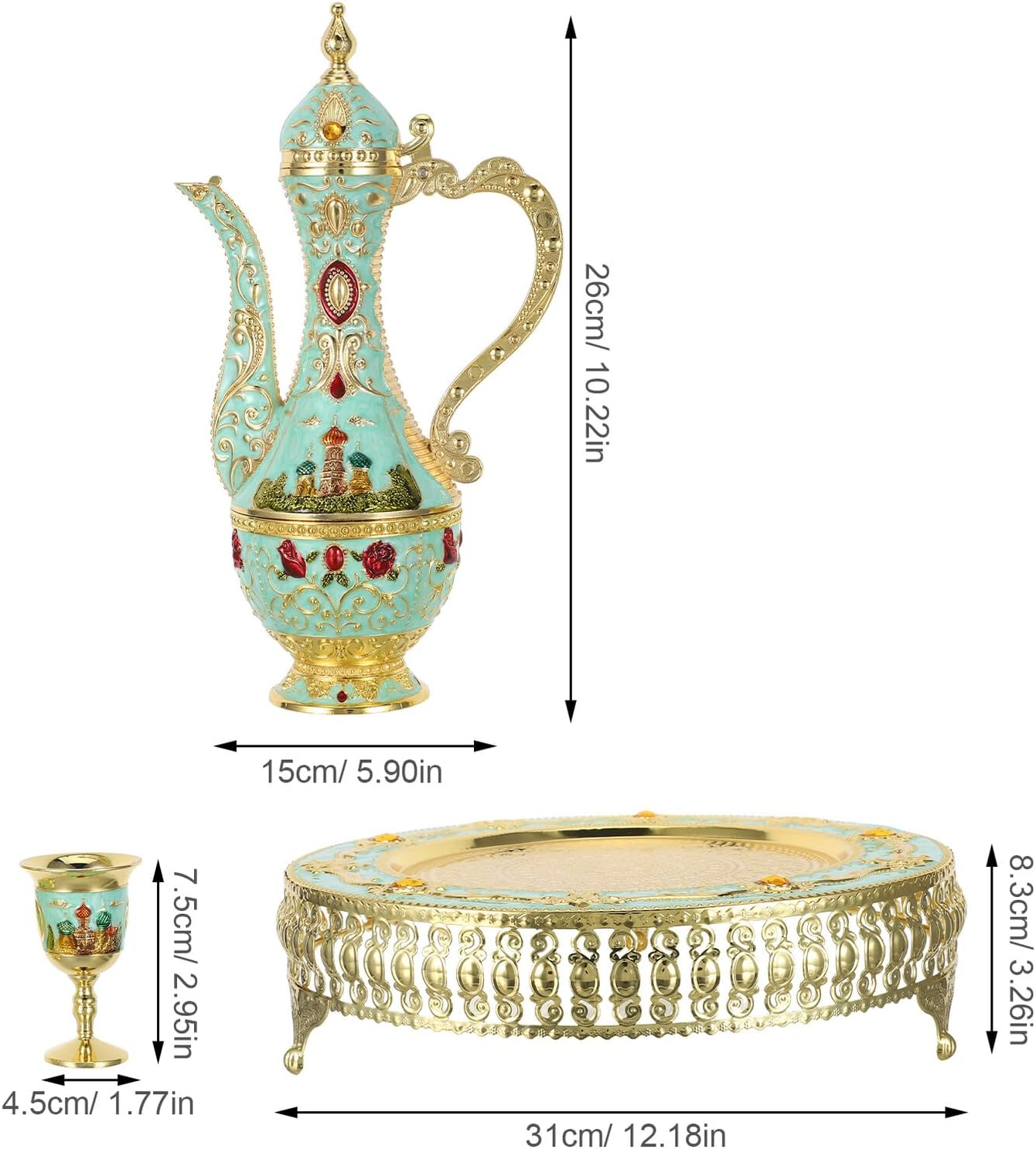 KICHOUSE Vintage Turkish Coffee Pot Set Embossed Castle Pattern, Metal Tea Cups and Wine Goblets, Coffee Decanter and Serving Tray for Home Gatherings and Party Use image number 5