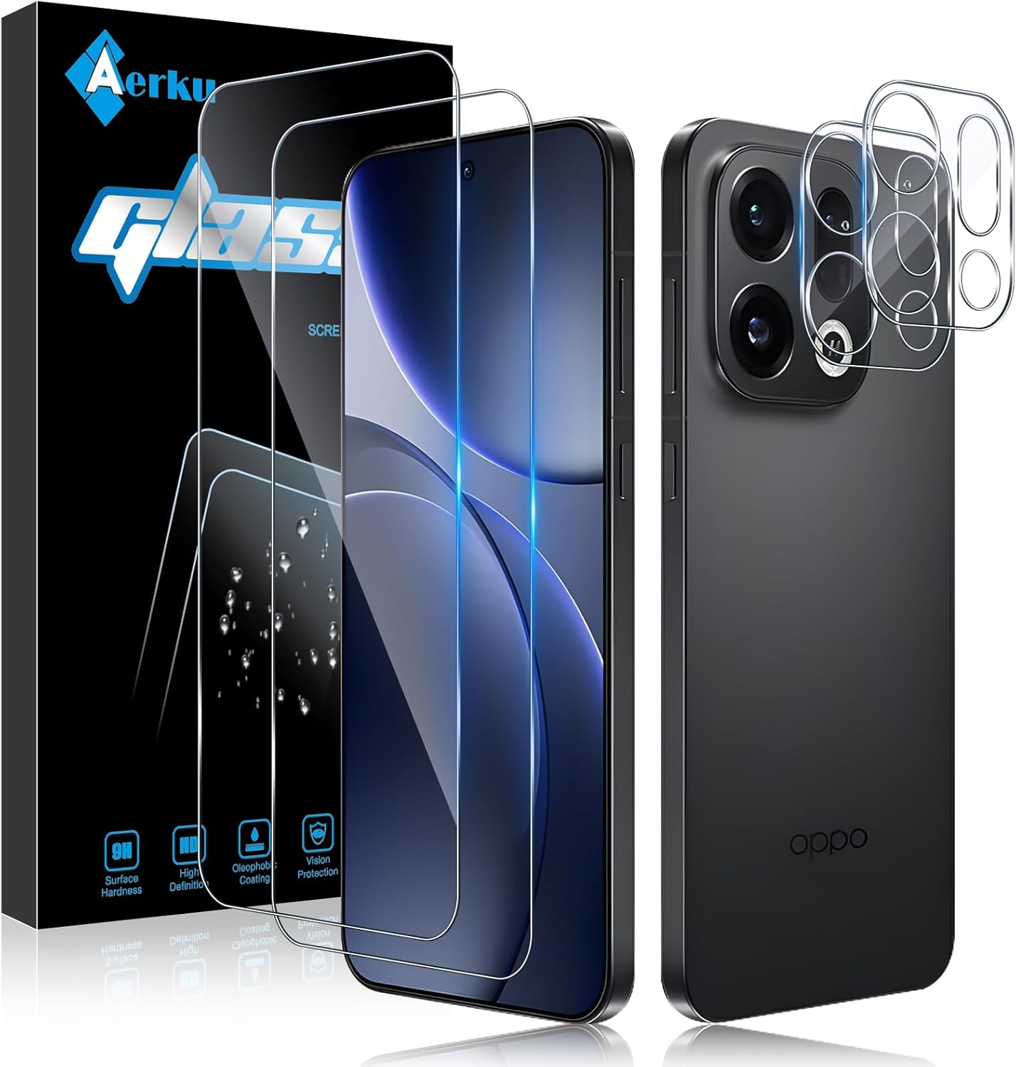 Aerku Screen Protector for Oppo Find X9 5G for Tempered Glass, 2 Pieces Protective Glass and 2 Pieces Camera Protection, 9H Hardness 0.33 Mm Ultra Clear Film, Anti-Scratch, Anti-Bubble Screen
