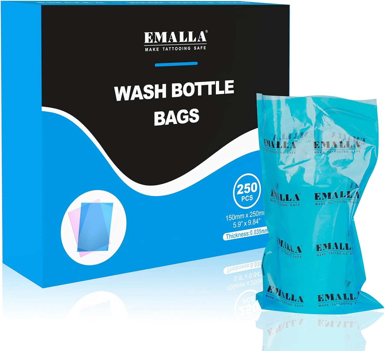 Emalla 250Pcs Tattoo Wash Bottle Bags Blue Squeeze Bottle Bag 9.8In X 5.9In Waterproof Cover for Tattoo Supply Machine Cleaning Kit