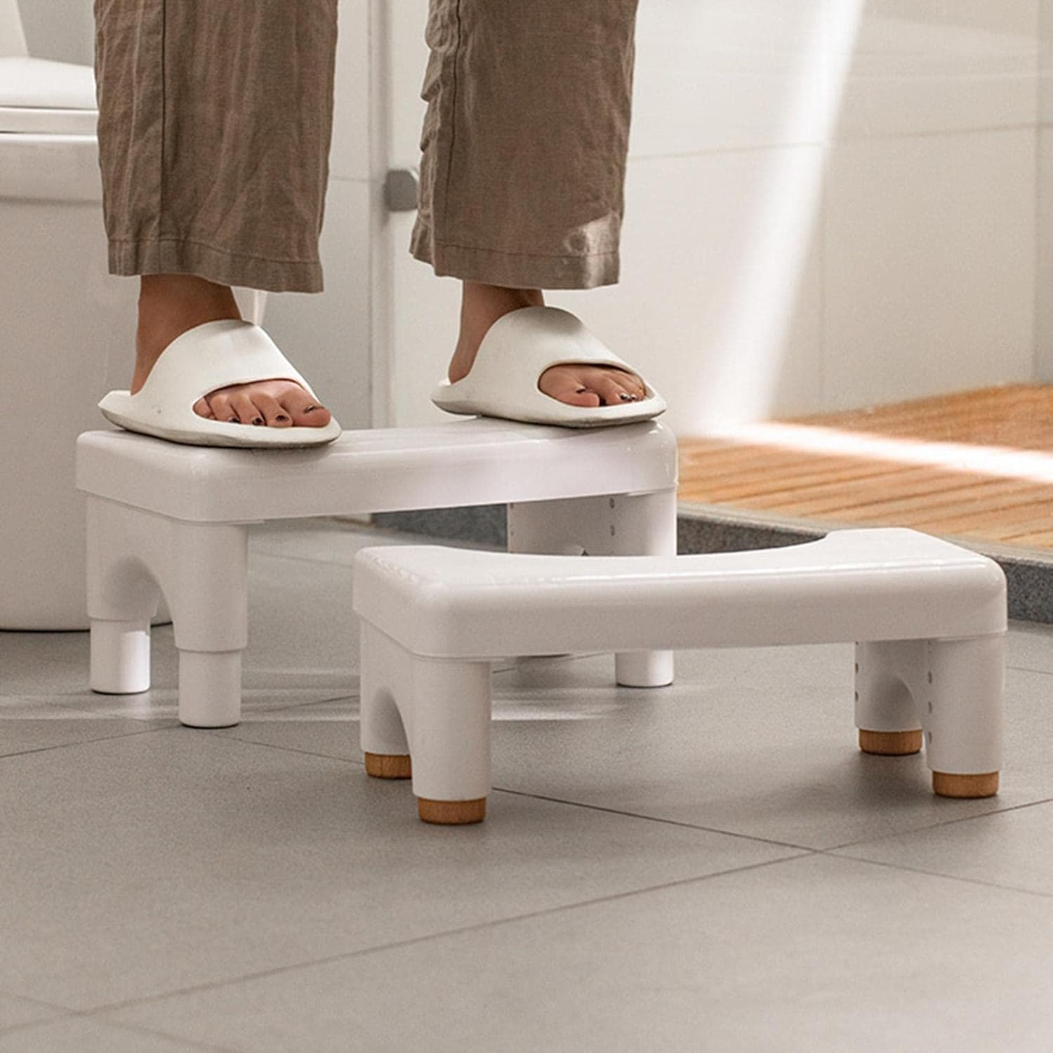 Height Adjustable Toilet Stool for Adults and Kids - Bathroom Step Stool, Heavy Duty Squatting Poop Aid, Anti-Slip Waterproof Foot Potty - Wood Highlight image number 3