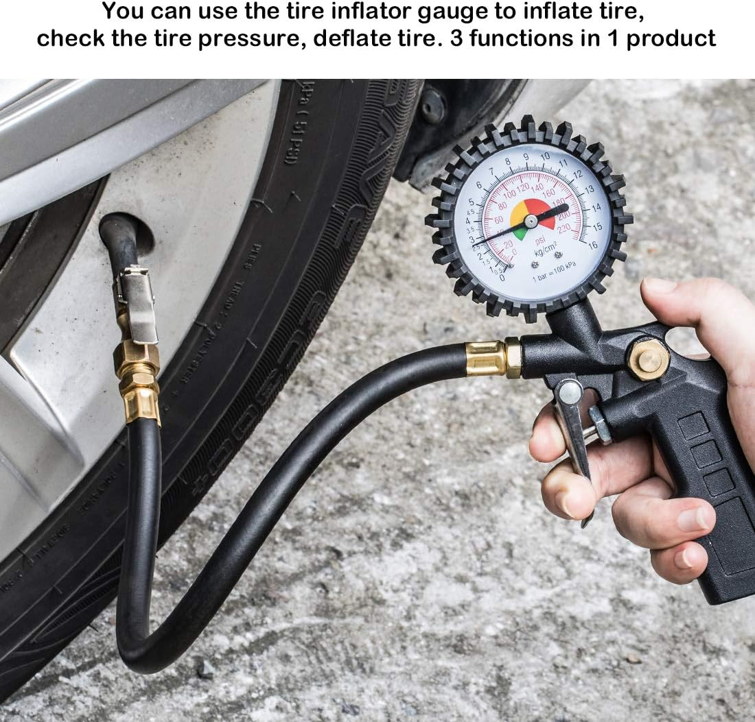 CZC AUTO Tire Inflator Deflator Air Pressure Gauge with Rubber Hose, 2-1/2" Dial Wheel Inflator Gage with Straight Brass Lock-On Chuck Compatible with Air Pump Compressor for RV Car Motorcycle Bike