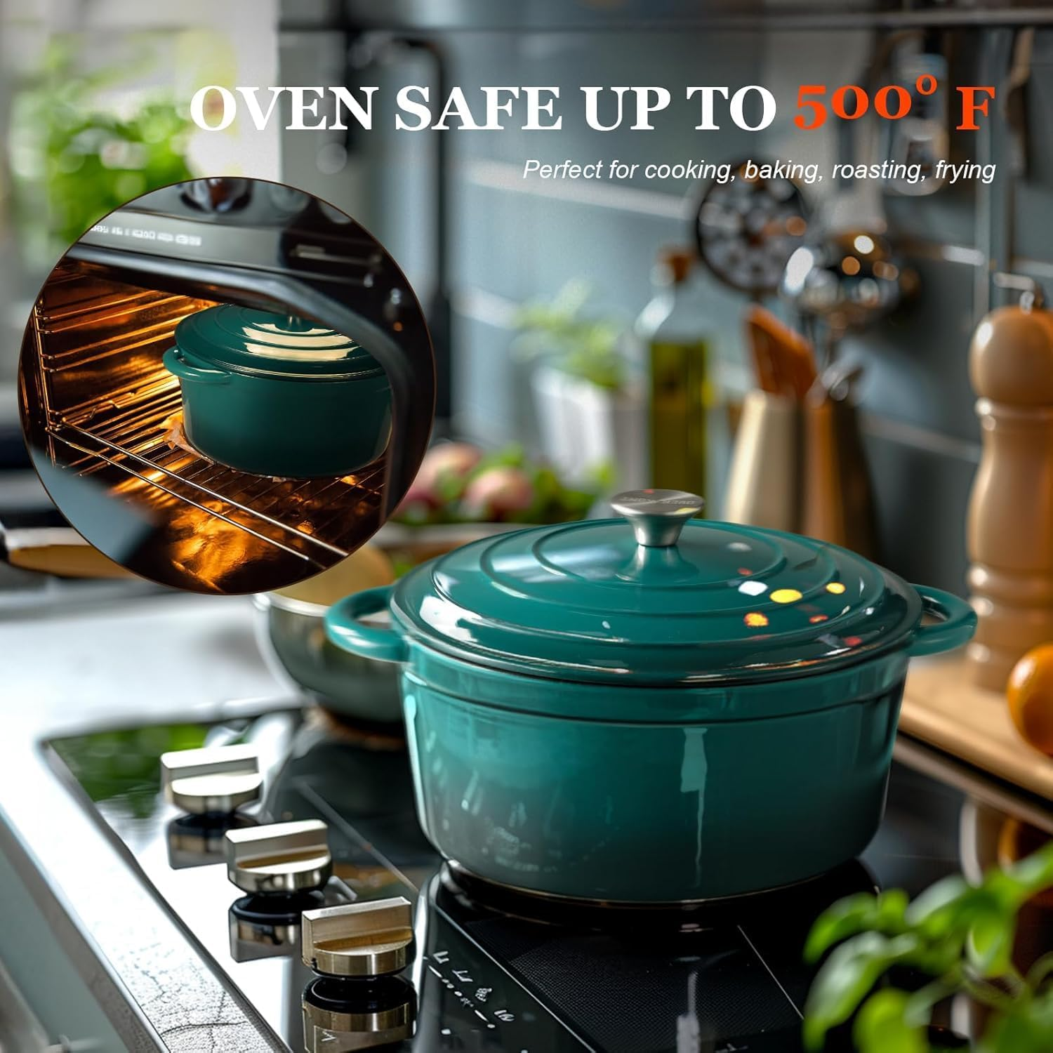 Overmont Enameled Cast Iron Dutch Oven - 5.5QT Pot with Lid Cookbook & Cotton Potholders - Heavy-Duty Cookware for Braising, Stews, Roasting, Bread Baking Bottle Green - Bottle Green image number 2