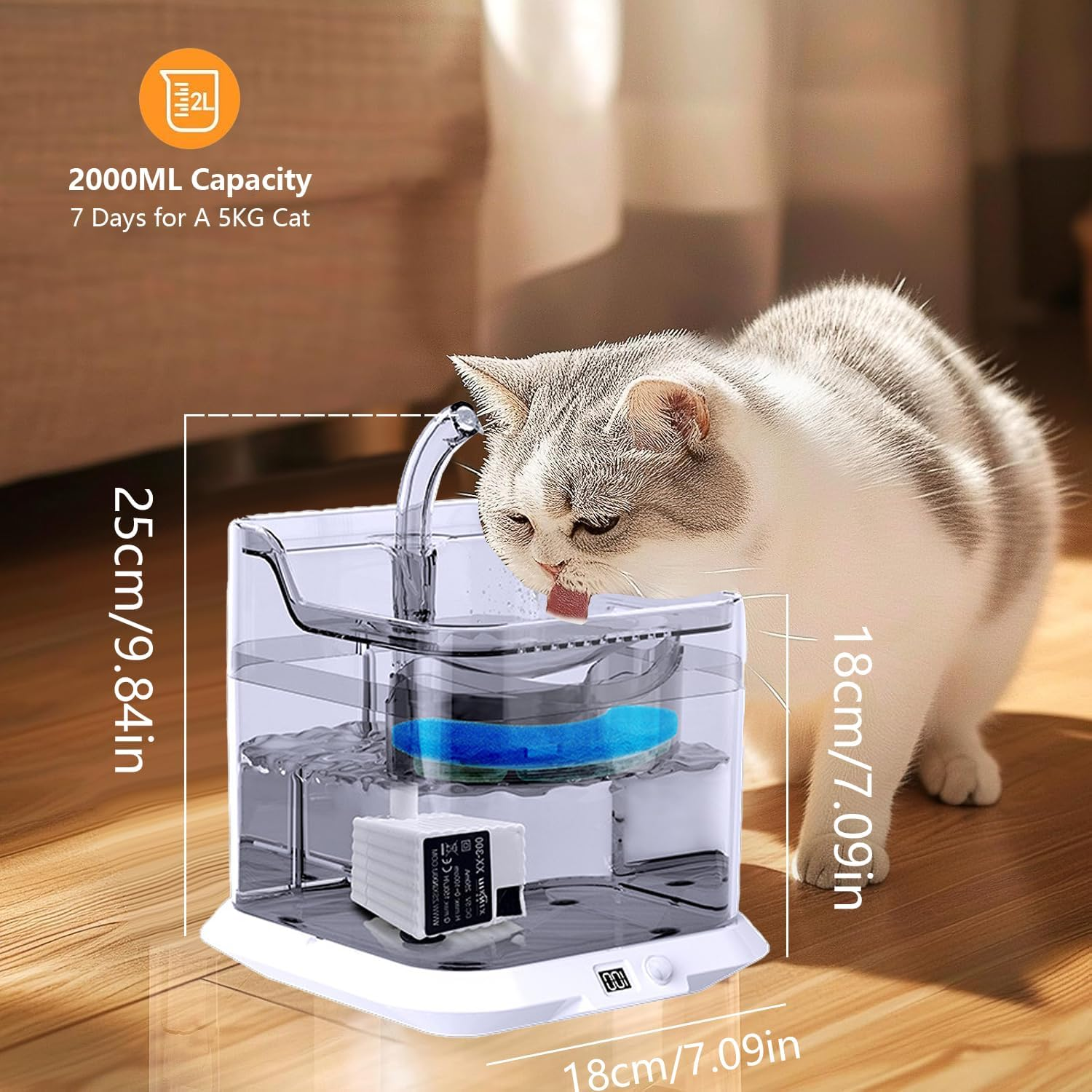 Cat Water Fountain, 2L Automatic Cat Fountain, Pet Water Fountain with Motion Sensor, Filters and Ultra Quiet Pump, for Large Dogs and Small to Medium Animals image number 1