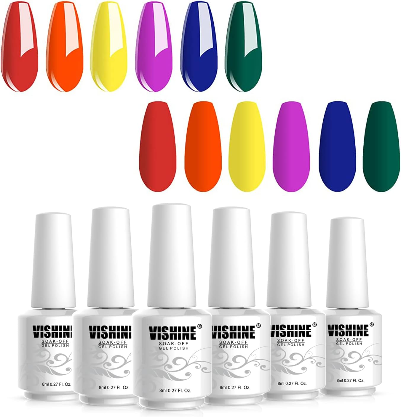 Vishine Gel Nail Polish Set Summer Hot Bright Neon Colors Orange Yellow Red Green Blue Gel Polish Kit Soak off UV LED Nail Gel Vanish Manicure Starter Kit 6 Colors 8Ml image number 3