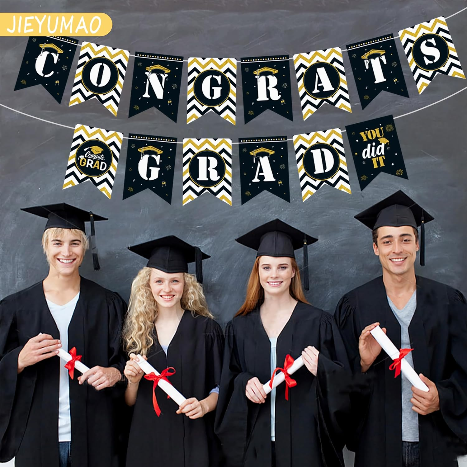 39Pcs Graduation Cake Topper, Black Gold Grad Cake Decor with Graduation Banner, Grad Cap Diploma Cupcake Picks Graduation Cupcake Toppers for Graduations Party Decorations image number 3