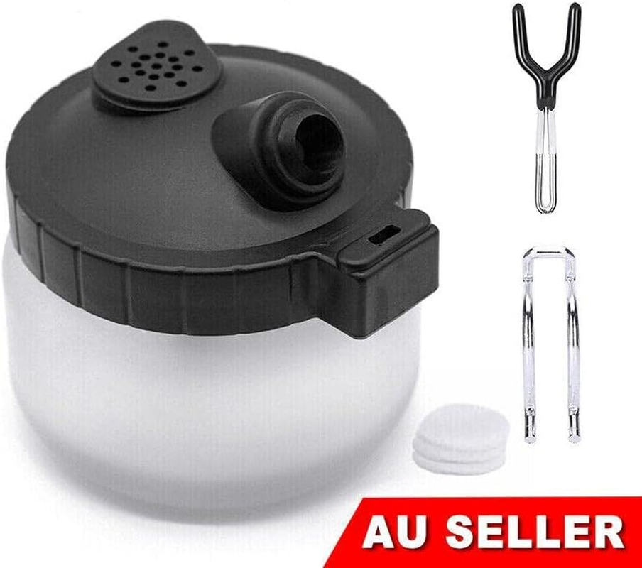 Airbrush Cleaner Air Brush Cleaning Pot Stand Glass Bottle Holder Jar 304Ml, Integrated Holder, Metal Handle, Filter Cap, 10X10X10Cm Size image number 5