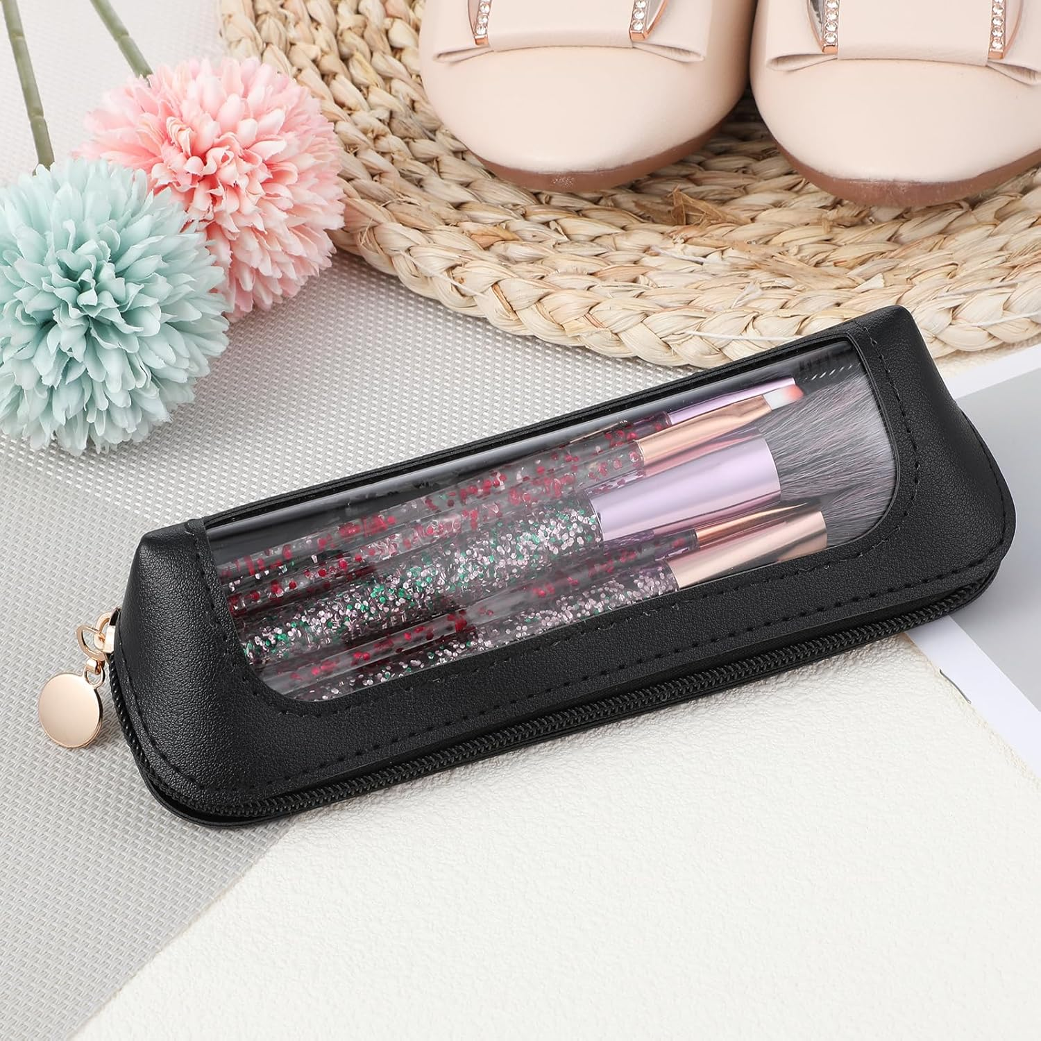 Clear Makeup Bag, Portable Transparent Cosmetic Organizer, PU Leather Makeup Brush Holder, Waterproof Travel Toiletry Pouch with Zipper for Women, Slim Makeup Case for Home, Office, Travel, Black