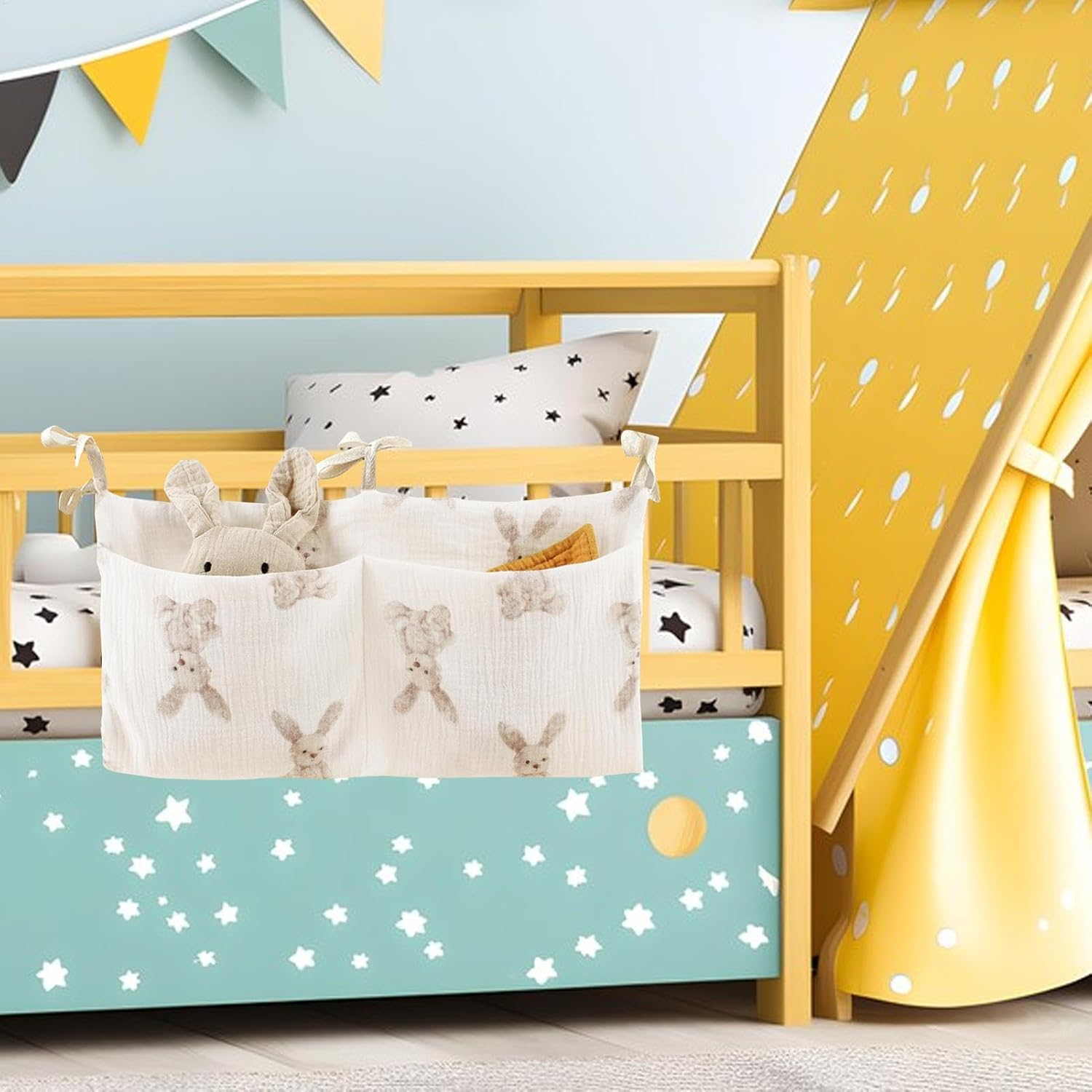 Crib Bedside Storage Bag,Crib Cartoon Diaper Organizer - Cute Stroller Accessories, Portable Organizer Bags for Feeding Bottles, Wipes image number 5